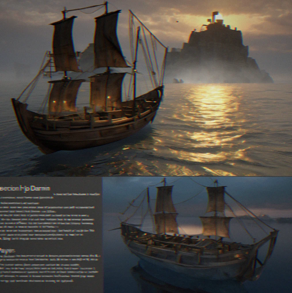 Player perspective from ship's deck: sonar wave visualization, audio waveform indicator, and environmental cues