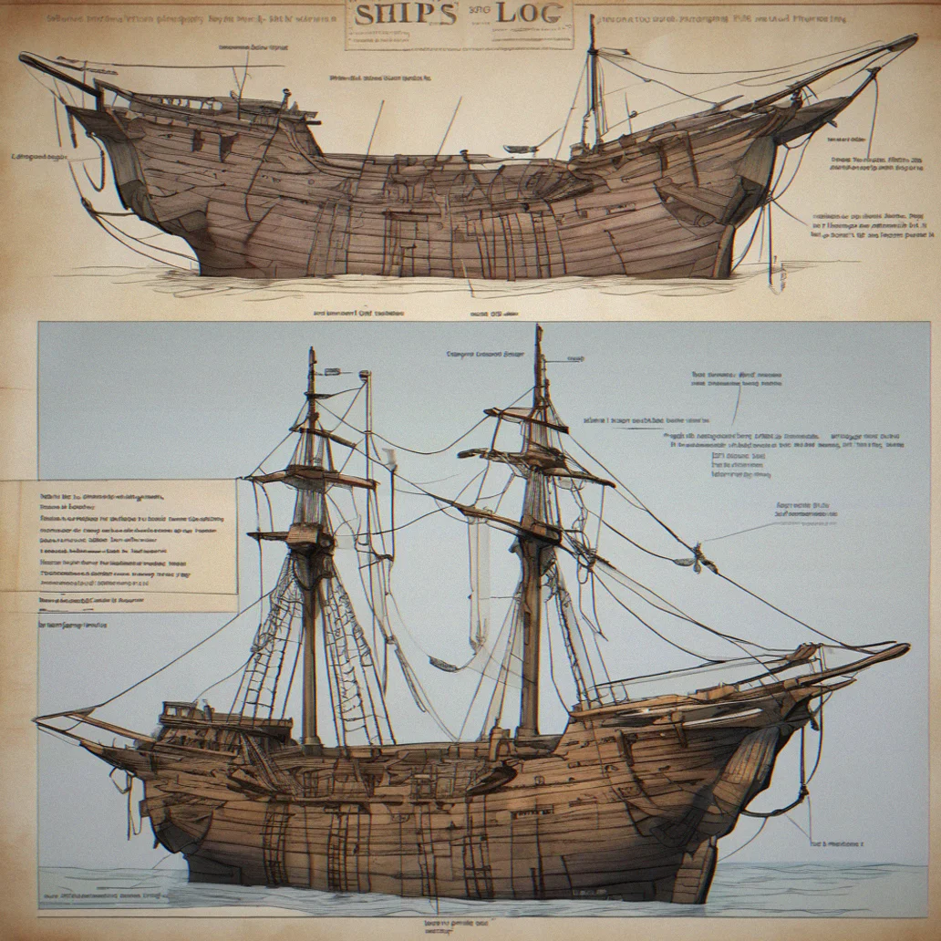 Ship's log displaying supply tracker: food stocks, hull integrity at 62%, rope condition and repair materials