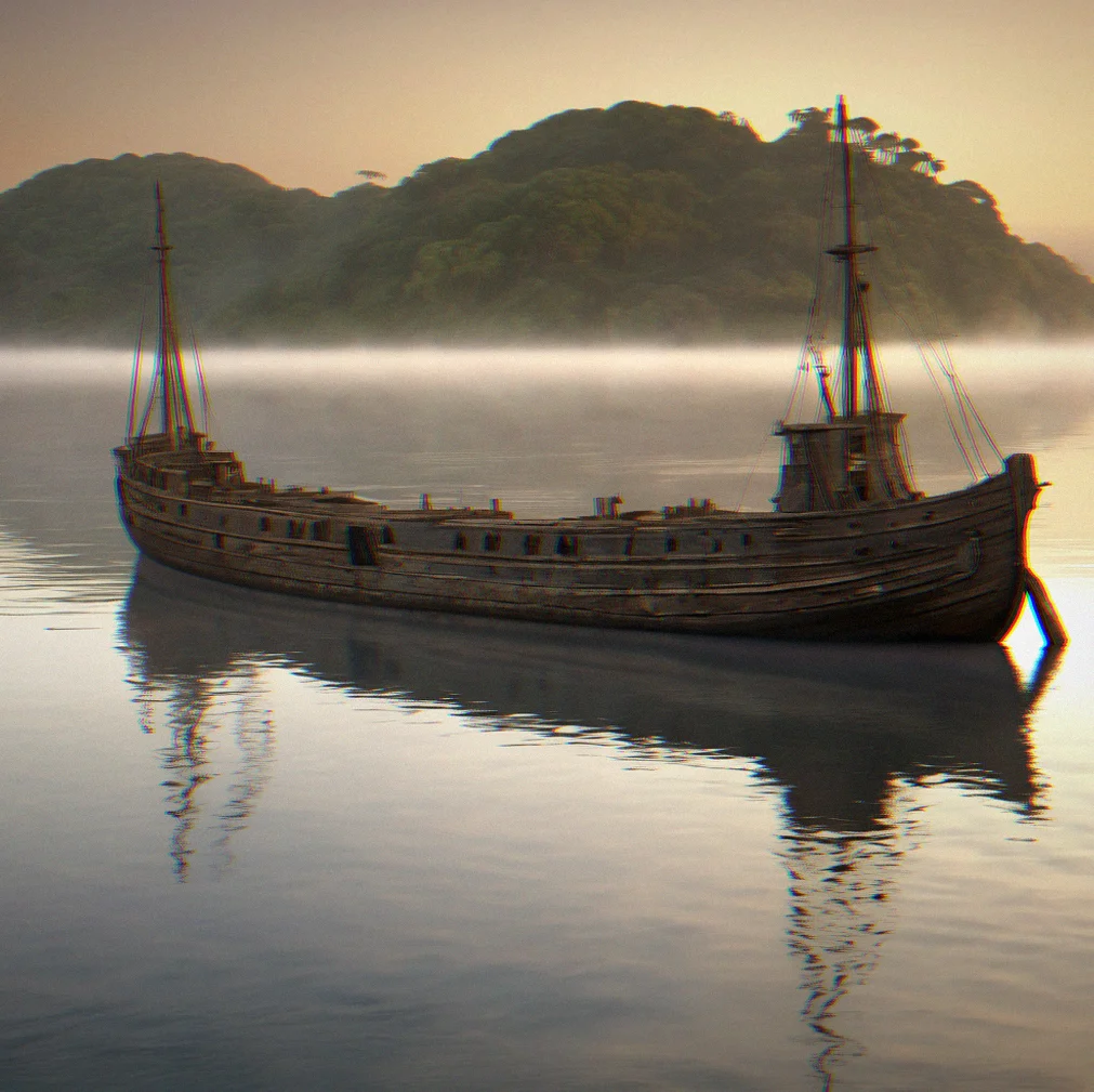 A ship's bow moving through still water toward islands covered in morning fog